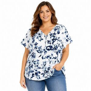 Maurices XL Blue White Floral Blouse Short Sleeve Top